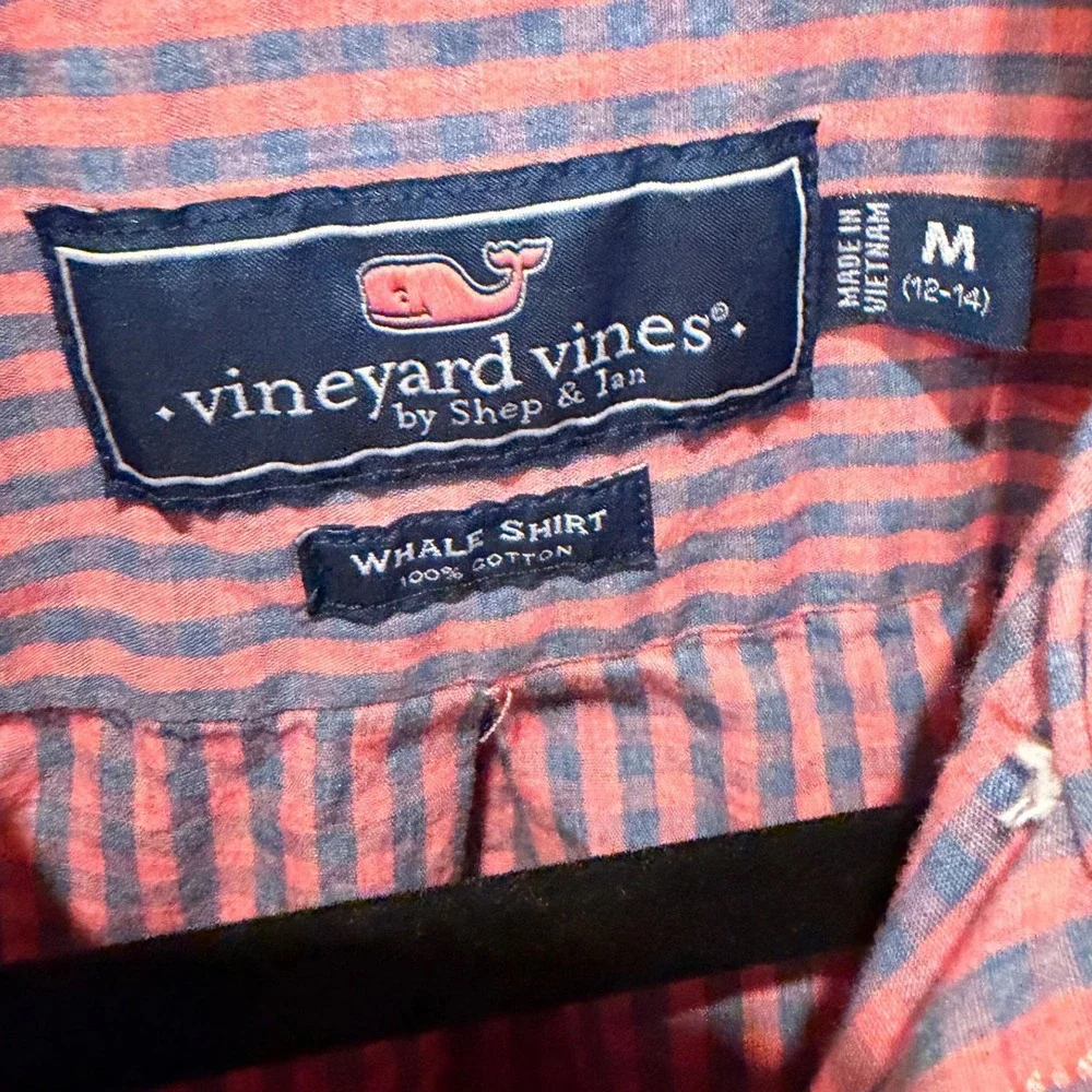Vineyard Vines Boys Gingham Whale Shirt Red Blue Button Down M 12-14 3W001157